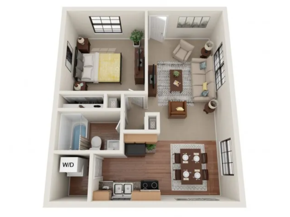 Floor plan for 1 bed, 1 bath, 670 sqft